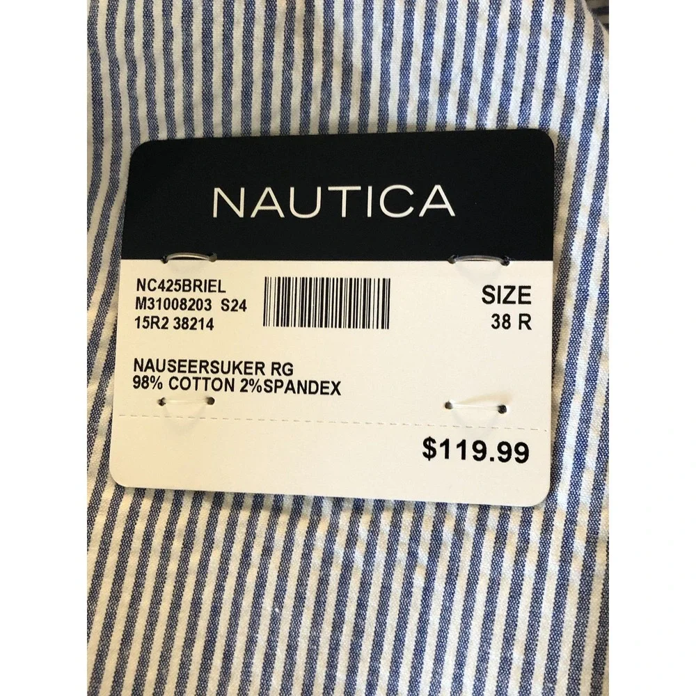 Nautica Blazer 38R Blue Stripe Cotton Seersucker Stretch Suit Coat Jacket w Tags